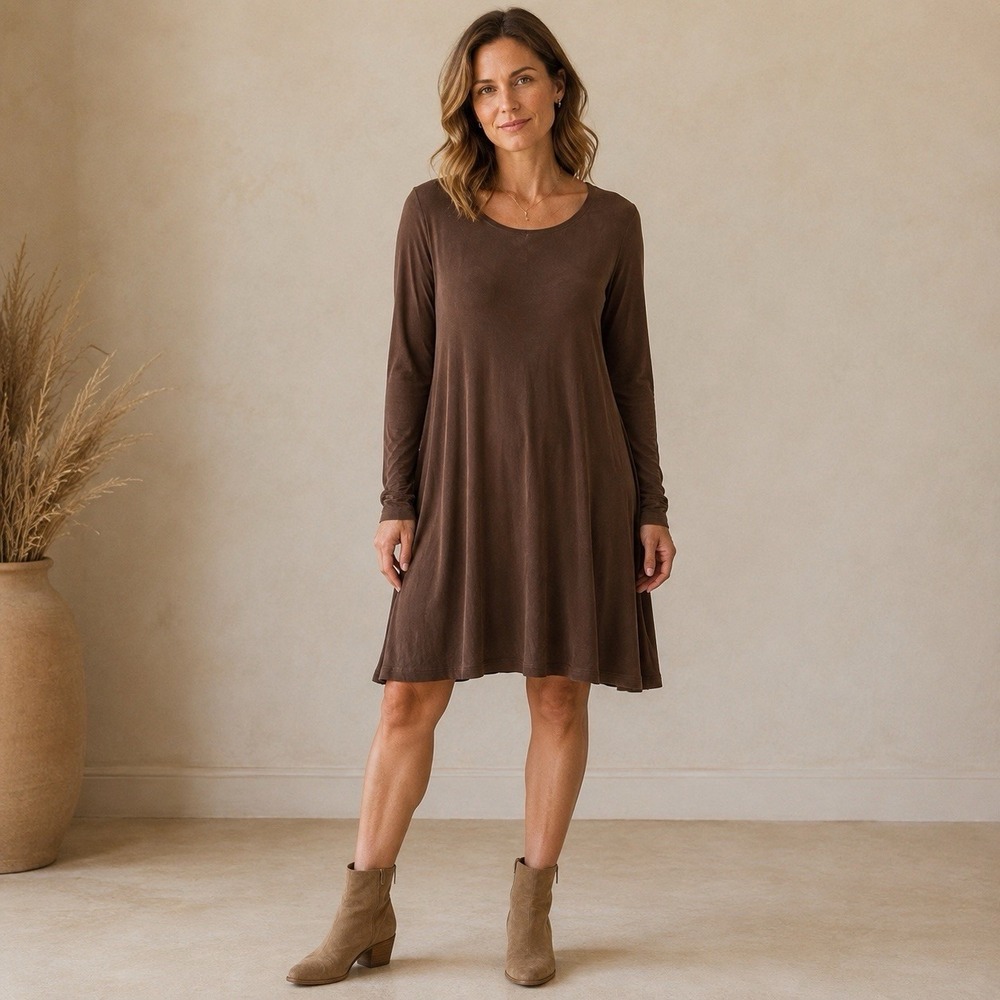 FLAX Jeanne Engelhart Dress Large Brown Slinky Stretch Knit A-Line Lagenlook